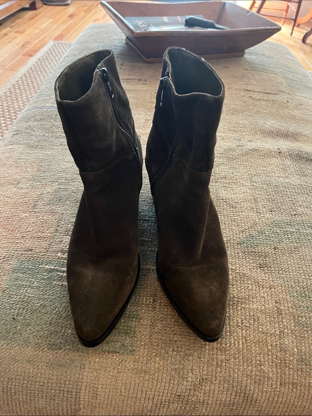 Vince Suede Pointed-Toe Ankle Boots in Dark Brown